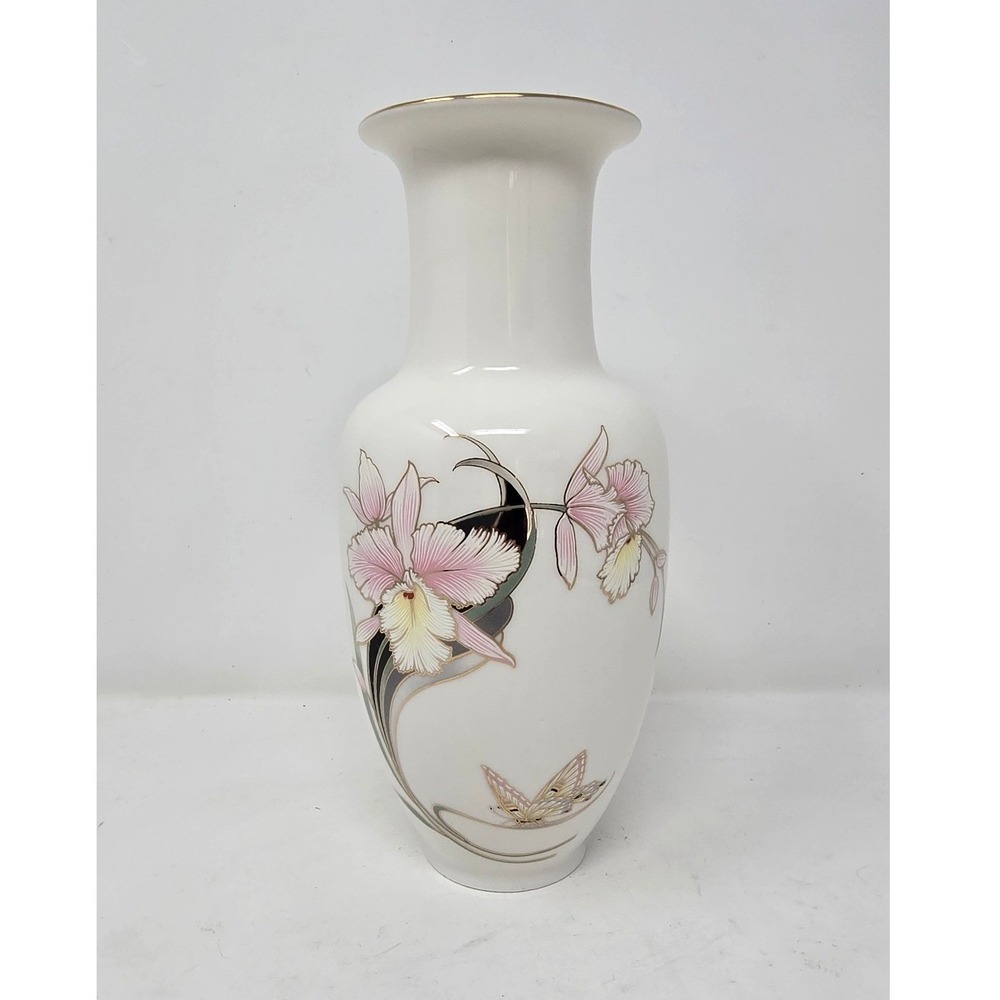 Vtg large Japanese fine china vase orchids porcelain Grandmacore Regencycore